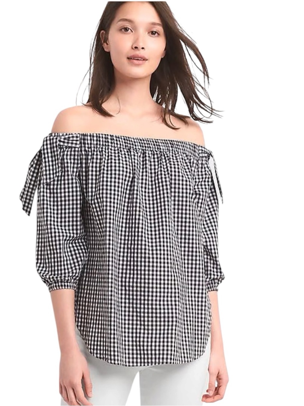 Gap OTS Black & White Poplin Gingham Tie-Sleeve Top Tunic Off-Shoulder XS
